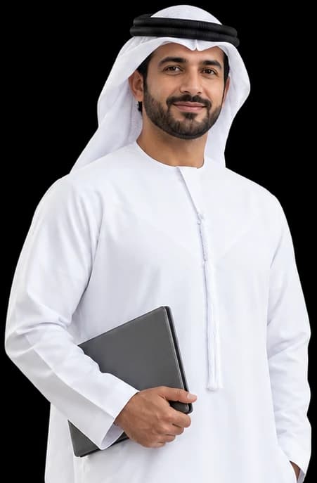 Emirati professional in a kandura carrying a laptop