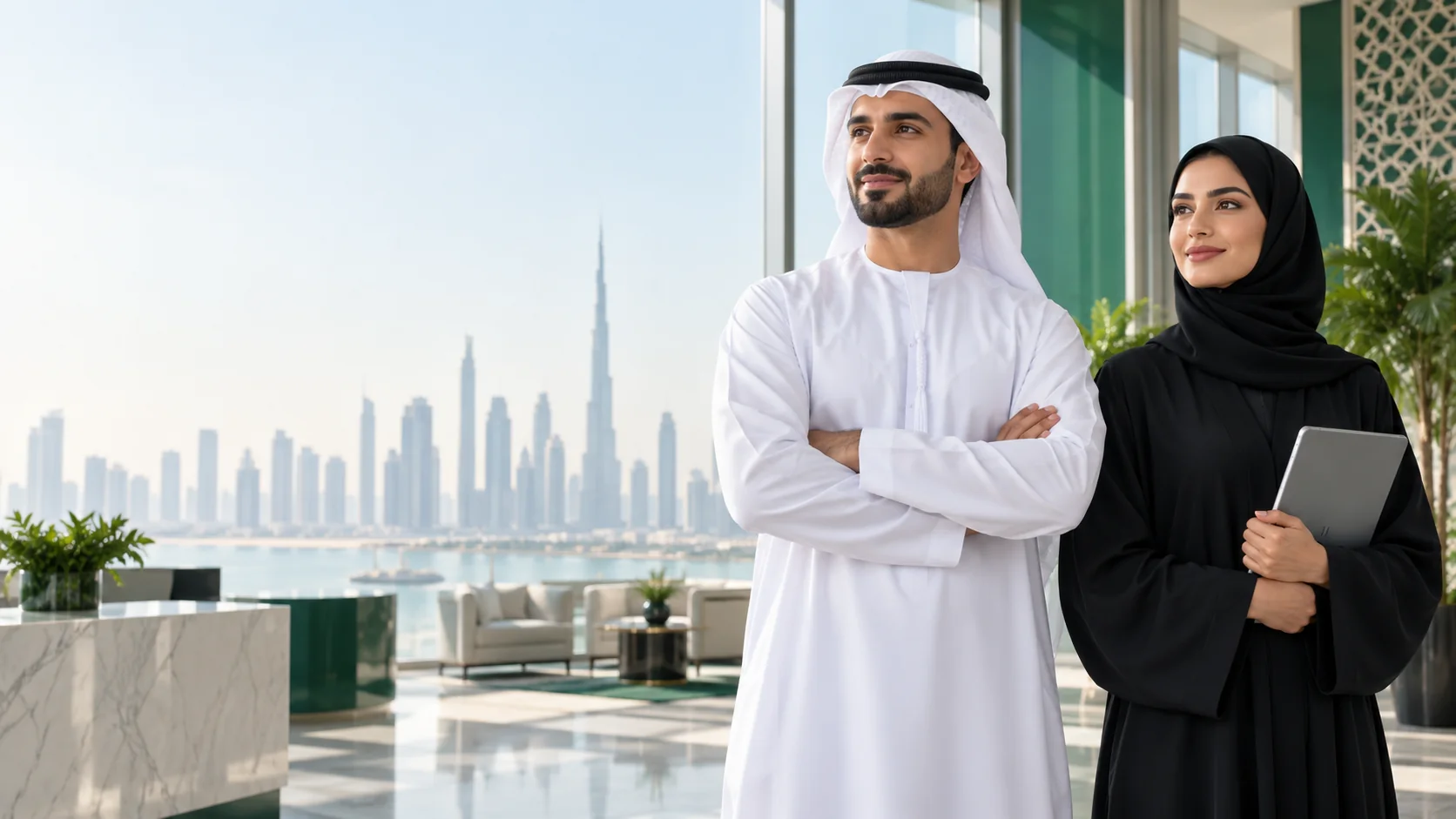 Emirati professionals in a Dubai office overlooking the skyline