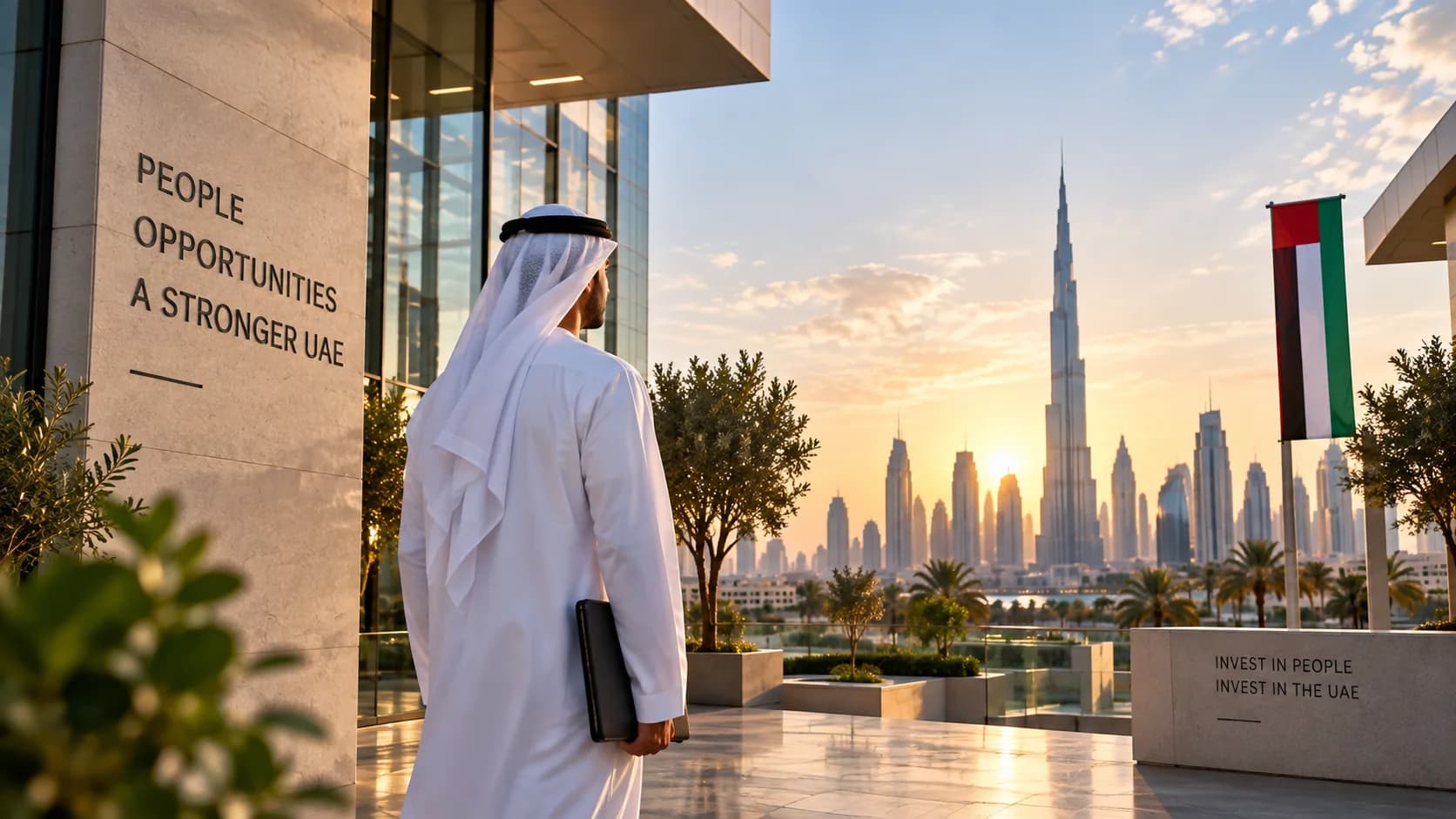 UAE flag and the Dubai skyline at sunset