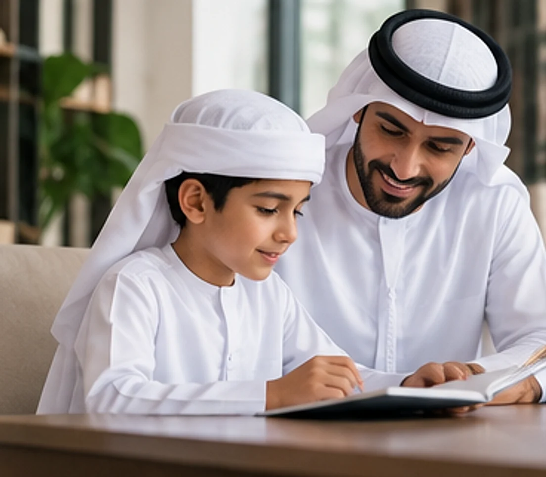 Emirati father helping his son with homework