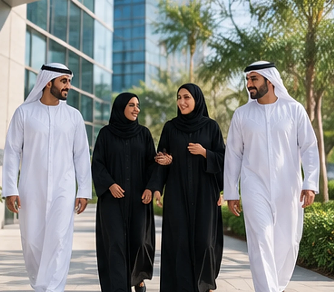 Group of Emirati professionals walking through Dubai